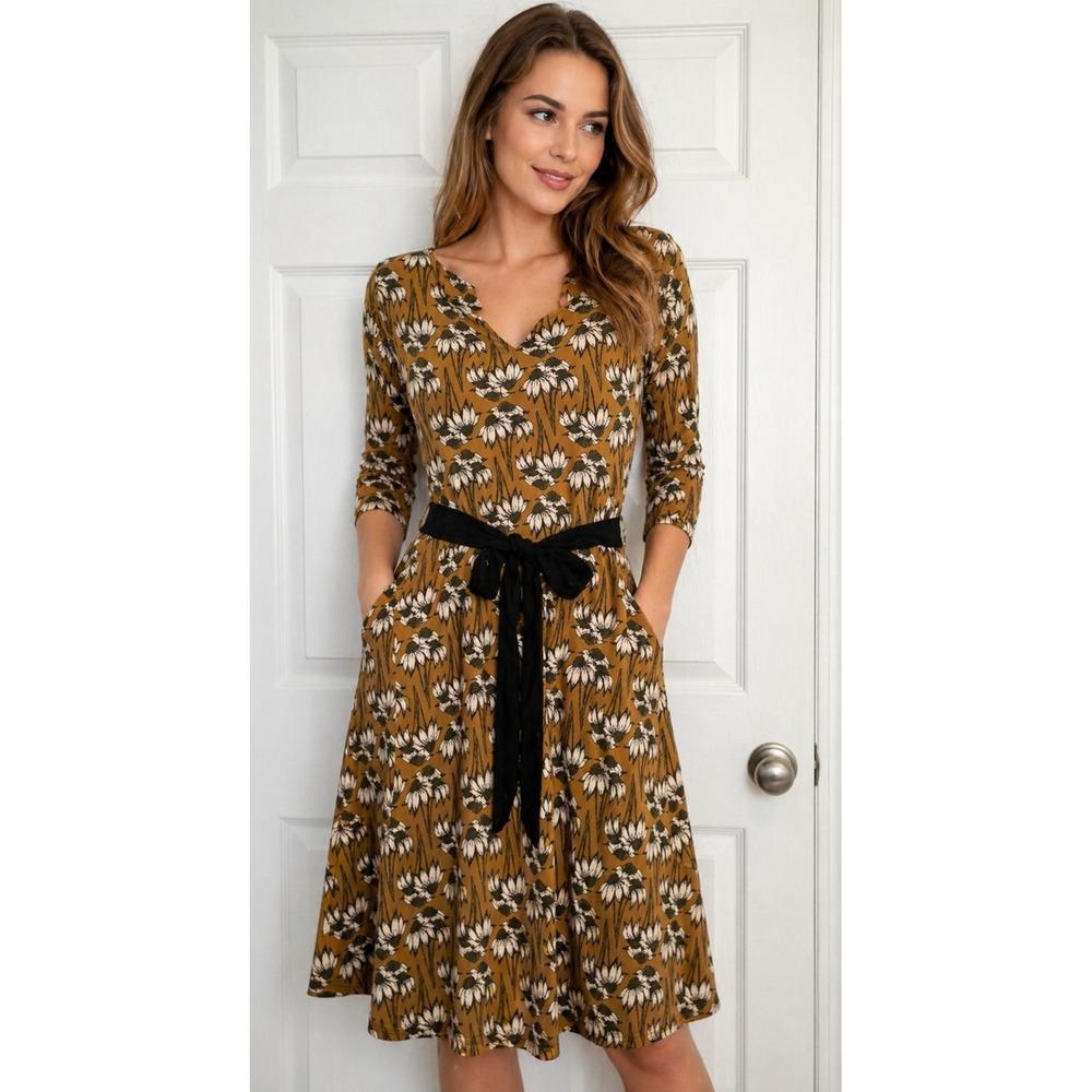 Effie's Heart Mustard Floral Midi Dress with Black Tie Belt